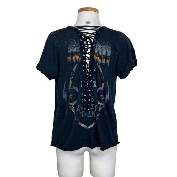 Affliction Distressed Graphic Relaxed Fit Faux Back Lace Up Tee T-Shirt Large - Picture 2 of 4